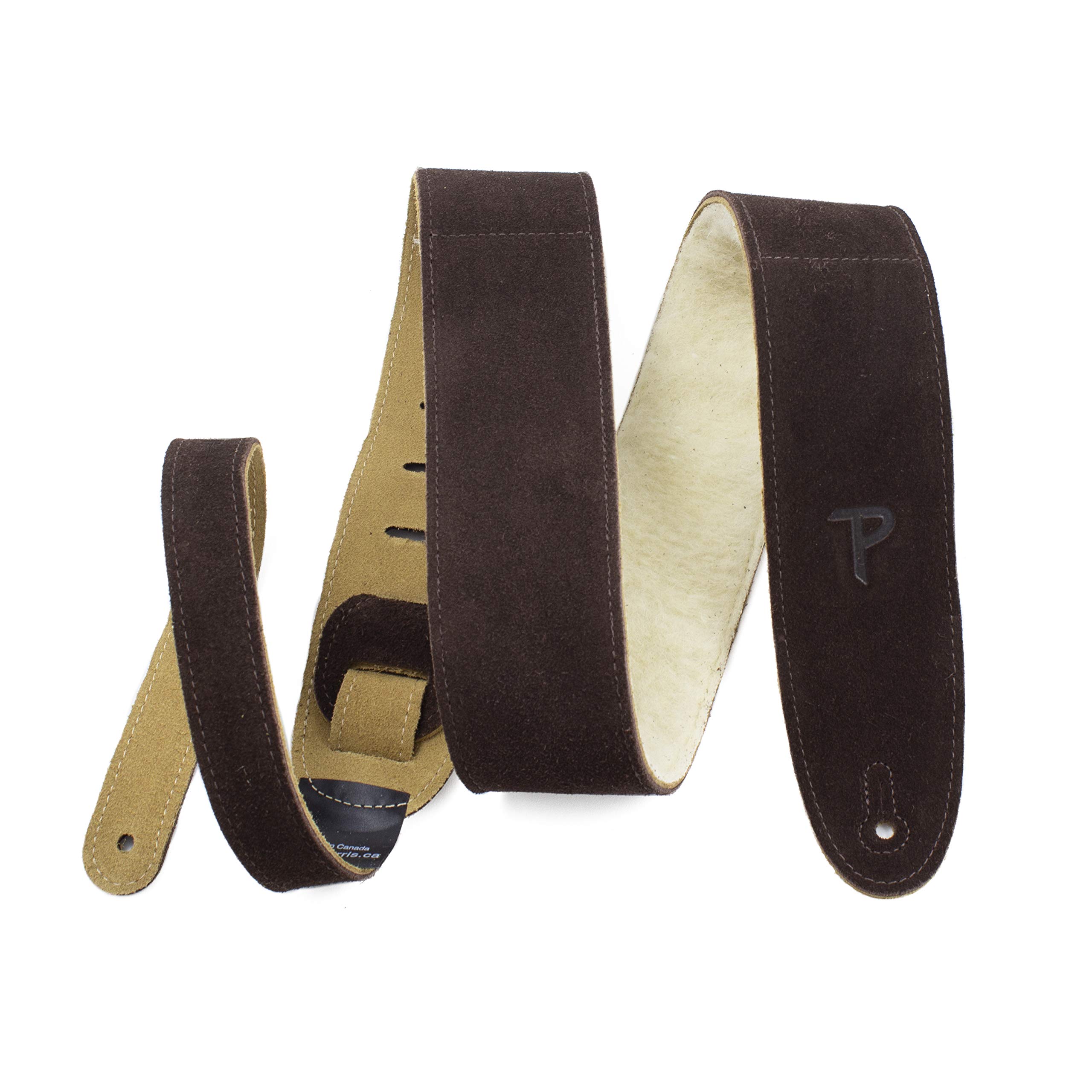 Perri’s Leathers Ltd Guitar Strap, 2.5” Wide Soft Suede, Super Soft Sheepskin Fur Pad, Adjustable Length, (DL325S-201-XL) Brown, Made in Canada, x-long