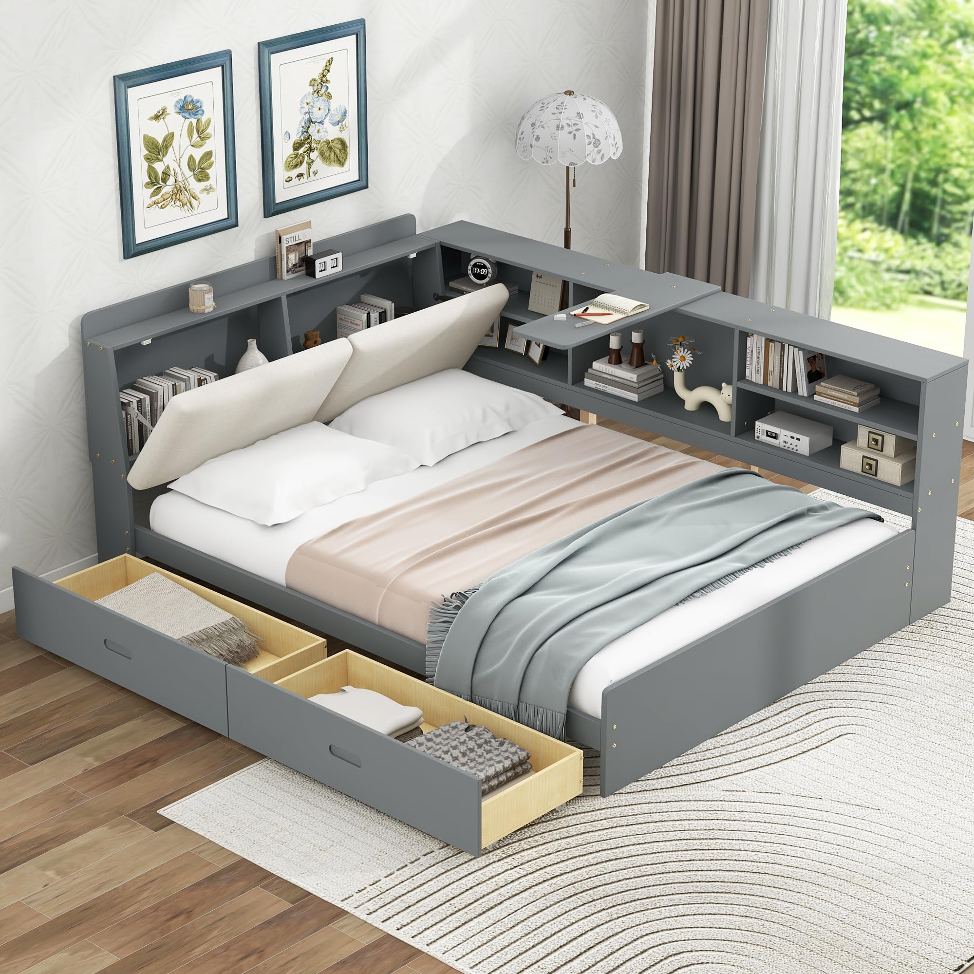 Photo 1 of Bellemave Full Corner Bed Frame, Captains Bedframe, Wood Full Size Daybed with L-Shaped Bookcase and 2 Drawers?Full Daybeds with Storage Cabinets, Gray