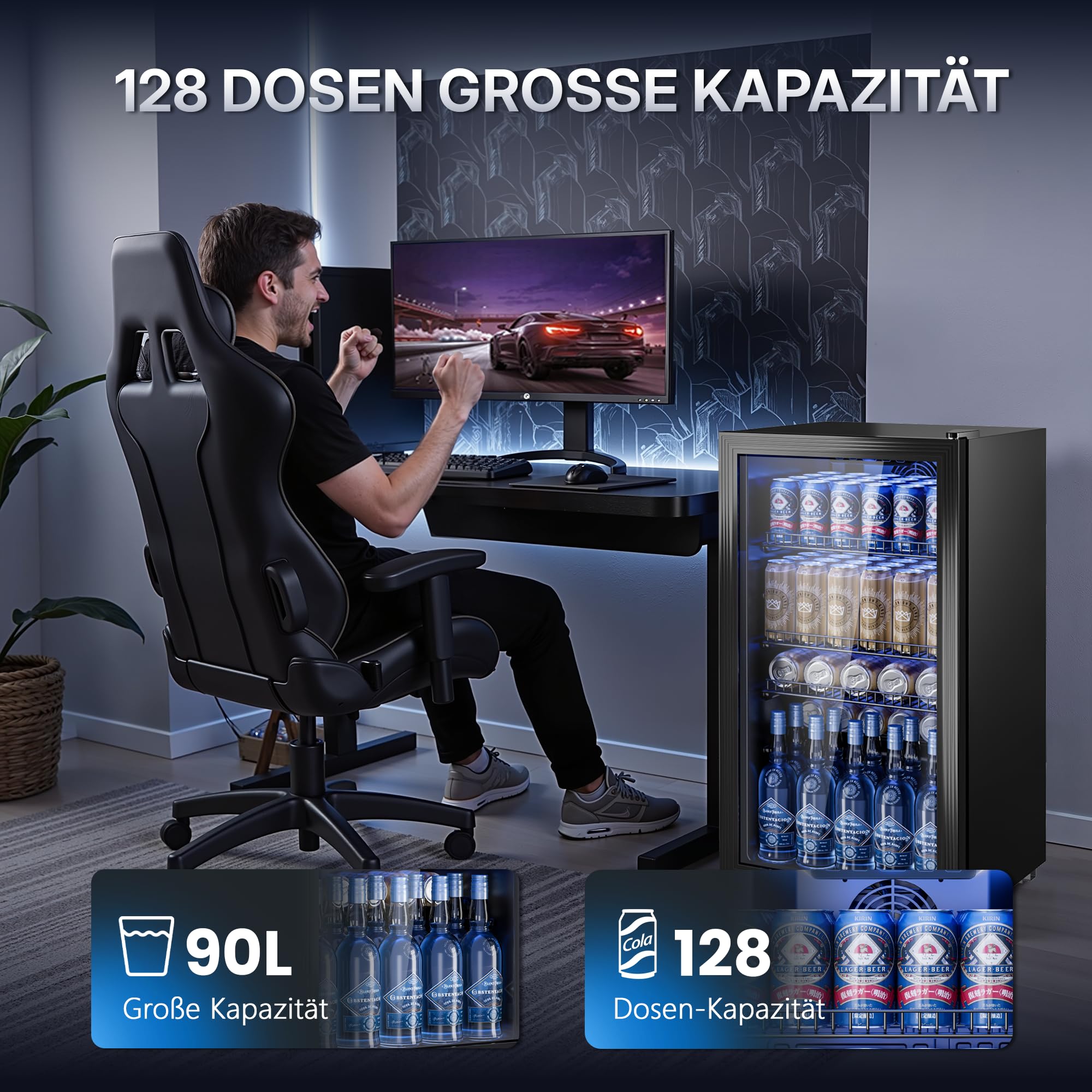 TRIUMPHKEY 90L Mini-Kühlschrank mit Glasfront (Glastür), Kompakter Getränkekühlschrank für bis zu 128 Dosen, mit verstellbaren Regalen für Bier, Wein, Soda, Ideal für Haushalt, Bar, Büro, Wohnung 4