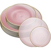 PLASTICPRO 32 Pieces Crystal Design Plastic Plates Combo Pack 7 inch and 10 inch Gold Rim Elegant Disposable Plates, Transparent Pink