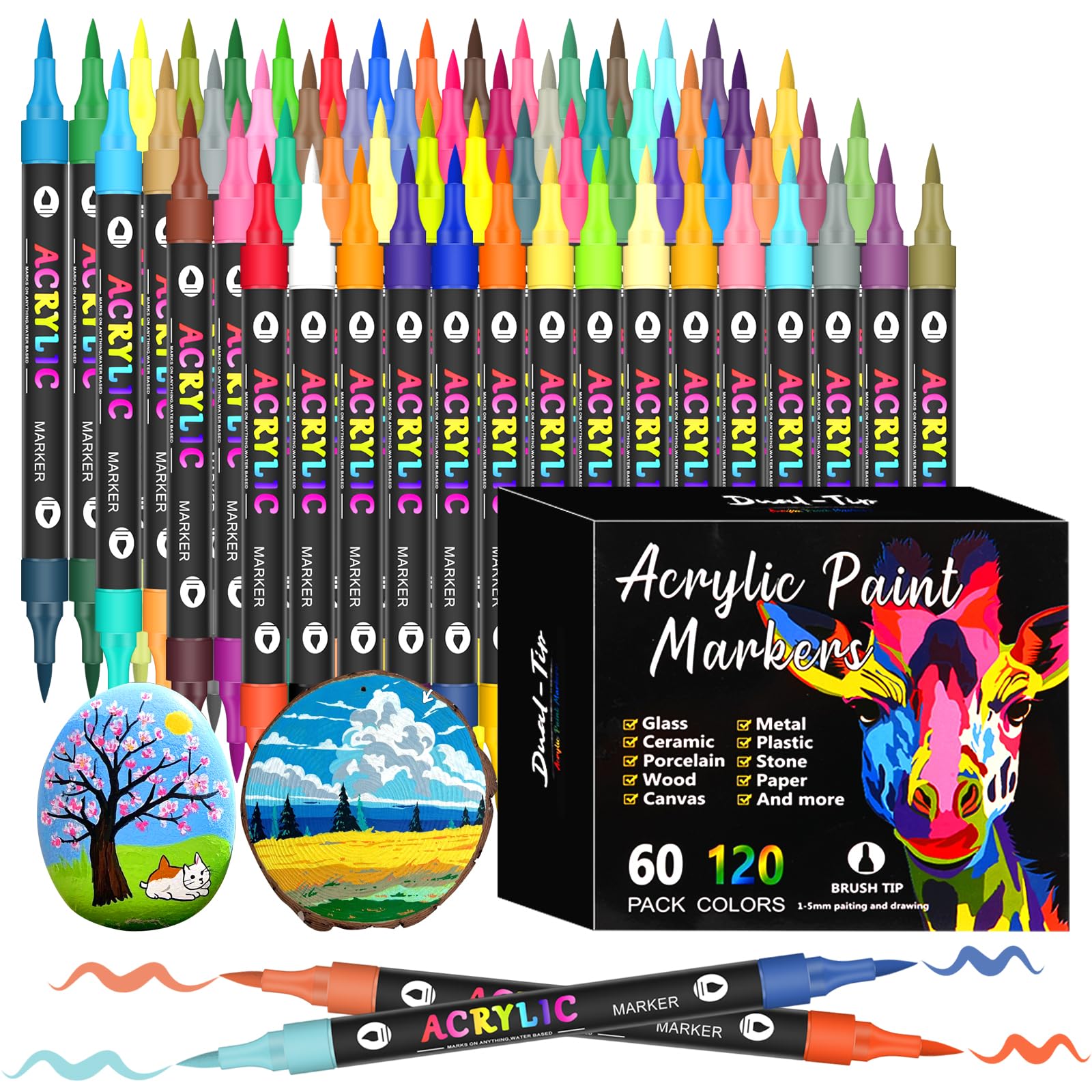 Photo 1 of 120 Colors Acrylic Paint Markers, 60 Pack Dual tips Acrylic Paint Pens for Rock Painting, Canvas, Wood, Glass, Ceramic, Fabric, Plastic, Egg & Scrapbook. Soft Brush Tips Paint Pens and Paint Markers