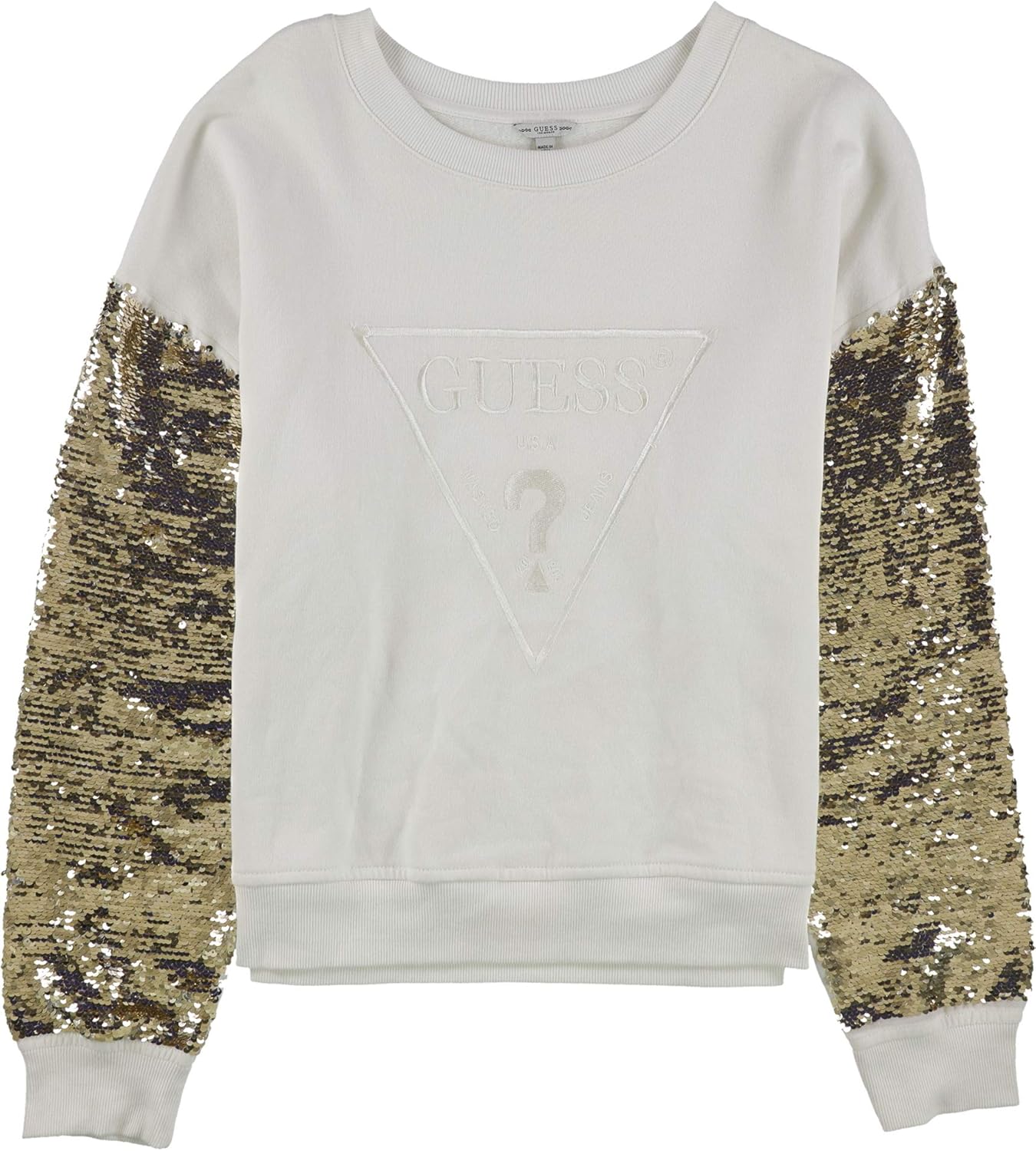 GUESS Women's Long Sleeve Logo Sequin Sleeve Sweatshirt Sweater, Cream White, XL at Amazon Women 