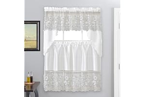 American Linen 3 Piece Sequin Embroidered Window Curtain Set – Valance and Tiers – Kitchen, Living Room, or Bathroom Curtains