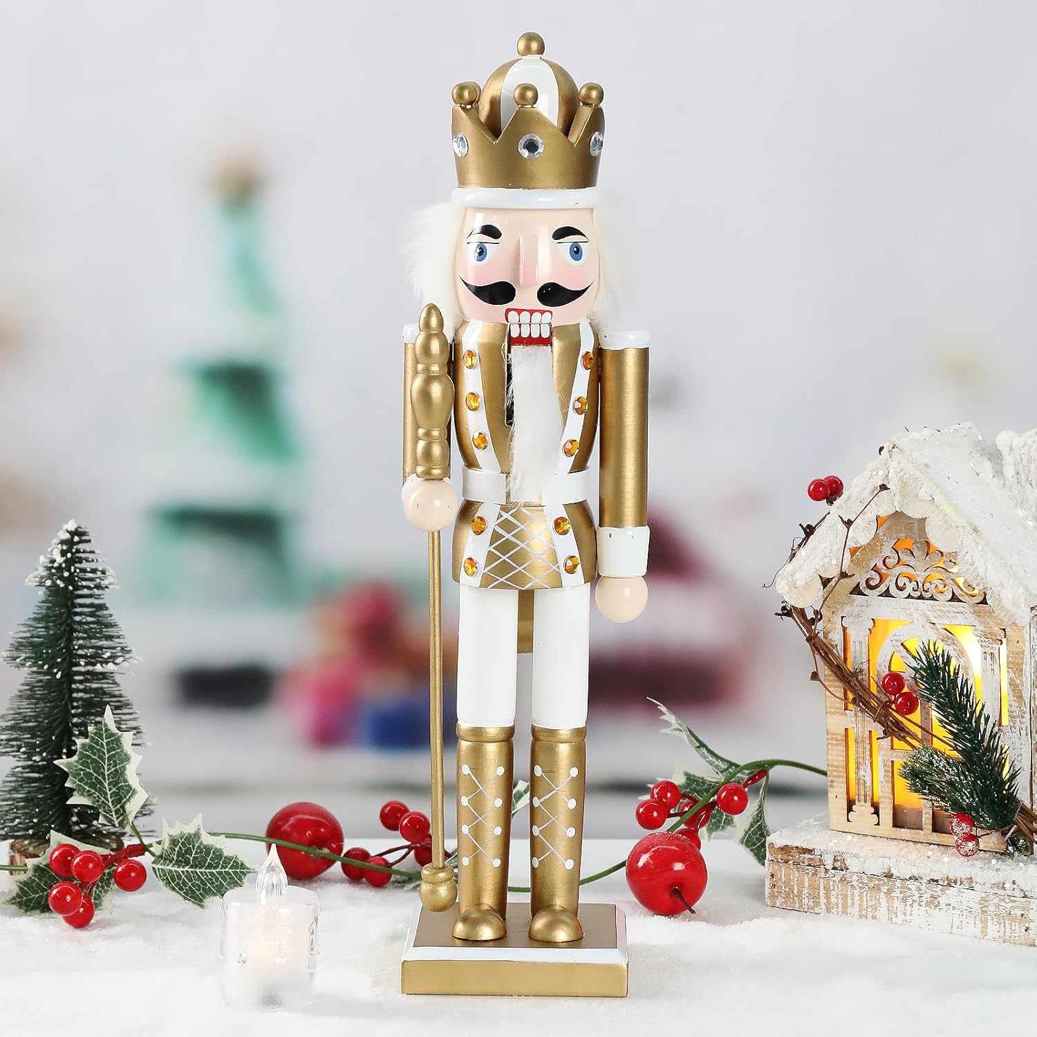 Nutcrackers - WONDER GARDEN Christmas Nutcracker, 15 Inch Nutcracker Figures, Wooden King Solider Christmas Nutcrackers Ornaments, Golden Nutcrackers Christmas Decorations for  Shelves and Tables Decor