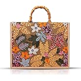 QTKJ Tote Bag for Women, Beach Bag, Sequin Embroidery Straw Bag, Hand-Woven Bamboo Handle, Bohemian Handbag Large Capacity Shoulder Bag Suitable for Travel Daily