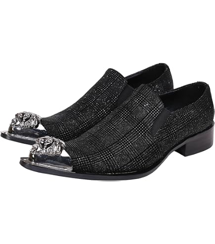 silver and black dress shoes Santimon Men's Slip-On Loafers with Metal Toe Cap & Skull Ornament – Block Heel Leather Punk Western Loafers for Wedding, Stage, Cosplay, Party Black 5.5 US prom black dress short *Step into timeless elegance #bm308083-coral Color:Red as pic
