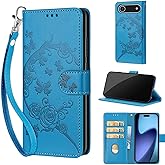 Designed for iPhone Air Case Wallet,Women Flip Folio Cover with Embossed PU Leather Stand Credit Card Holders Slots Wrist Strap Phone Case for iPhone Air 6.5 inch (Blue Flower)