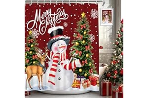 Canessioa Merry Christmas Shower Curtain Snowman Christmas Tree Shower Curtain Sets for Bathroom Red Winter Holiday Xmas Snowflake Shower Curtains for Kids Bathroom Decor 72x72 in with 12 Hooks