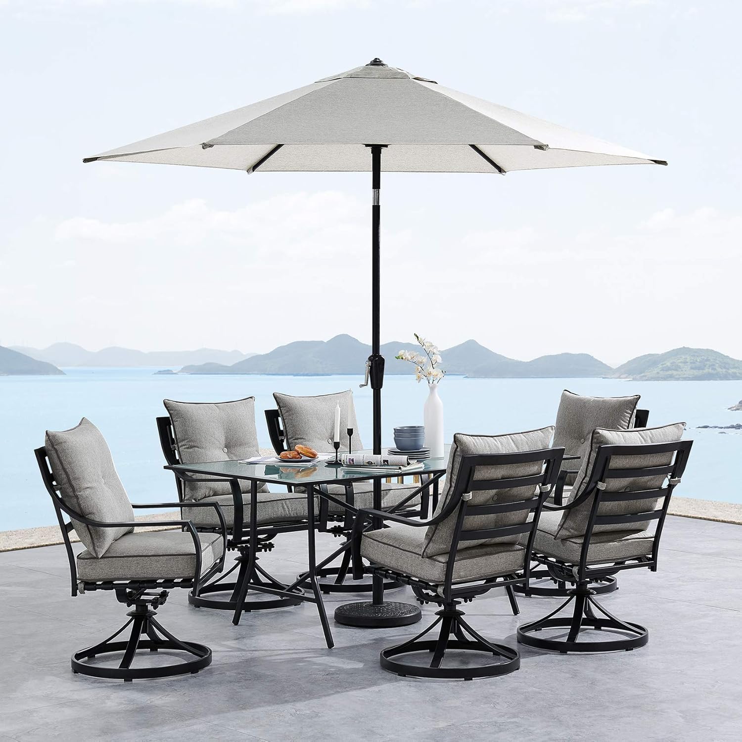 Hanover LAVDN7PCSW-SLV-SU Lavallette 7-Piece Silver Linings with 6 Swivel Rockers, 66" x 38" Glass-Top Table, Umbrella, and Base Outdoor Dining Set