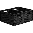 joybest Black Wicker Storage Baskets, Rectangular Wicker Baskets with Built-in Handles,Paper Rope Baskets for Organizing 2 Pack, 13.4L x 8.3W x 7.1H