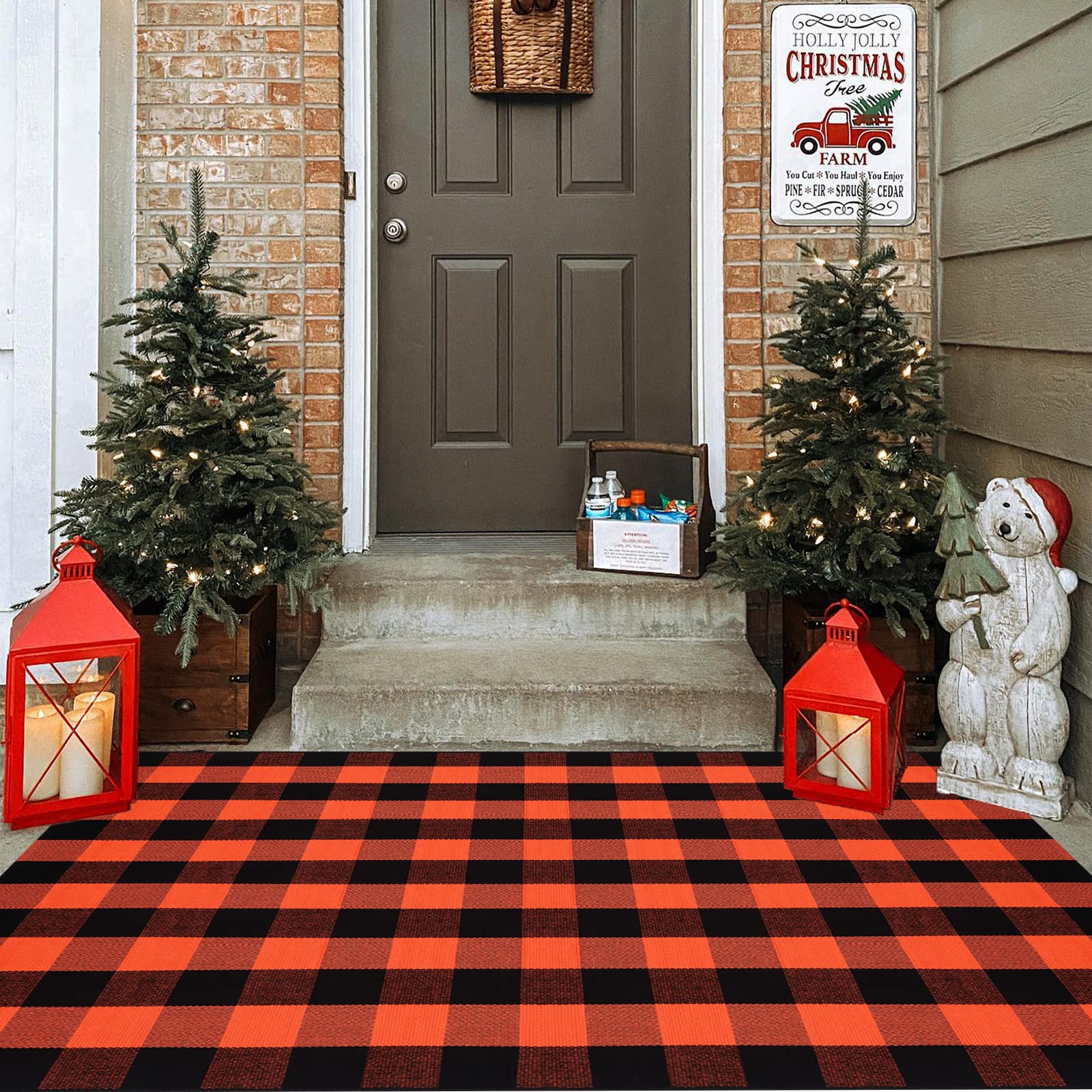 Fall Plaid Area Rug 4x6 Ft, Orange and Black Buffalo Check Large Farmhouse Cotton Rug, Hand-Woven Washable Indoor Outdoor Carpet for Halloween Thanksgiving Autumn Porch Patio Decor Image