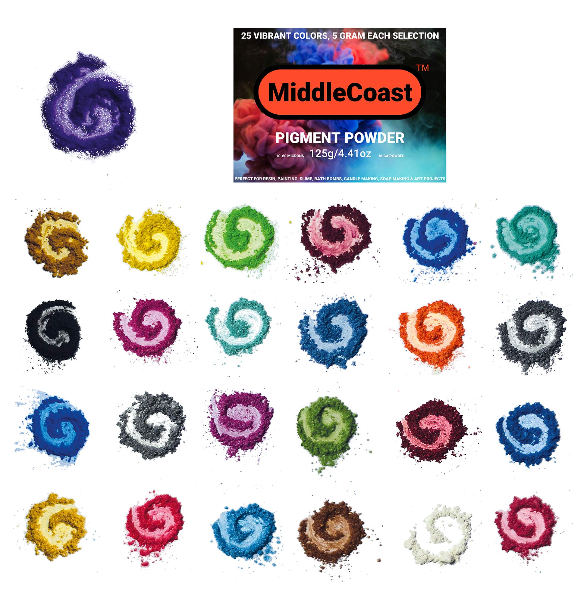 Mica Powder for Epoxy Resin (4.4oz/125g) 25 Colors with Spoon, (0.172oz/5g Each) Lip Gloss Pigment Powder Dye, Slime Colorant, Bath Bomb, Soap Making &amp; Candles