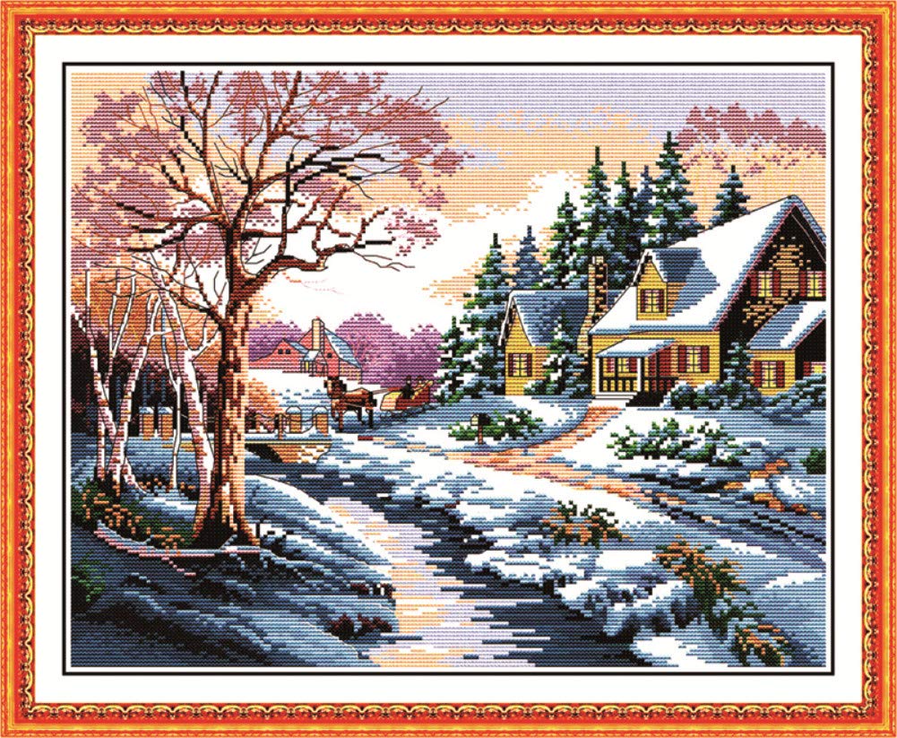 Cross Stitch Kits, Awesocrafts Snowscape Snow Houses Trees Easy Patterns Cross Stitching Embroidery Kit Supplies Christmas Gifts, Stamped (Snowscape, Stamped)