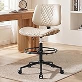 BERYTH Drafting Chair with Adjustable Footrest, Rolling Walnut Stool, Beige | Armless Tall Swivel Stool for Standing Desk, PU Leather Curved Bentwood, Rolling for Office &amp; Art Studio, 300LBS Capacity