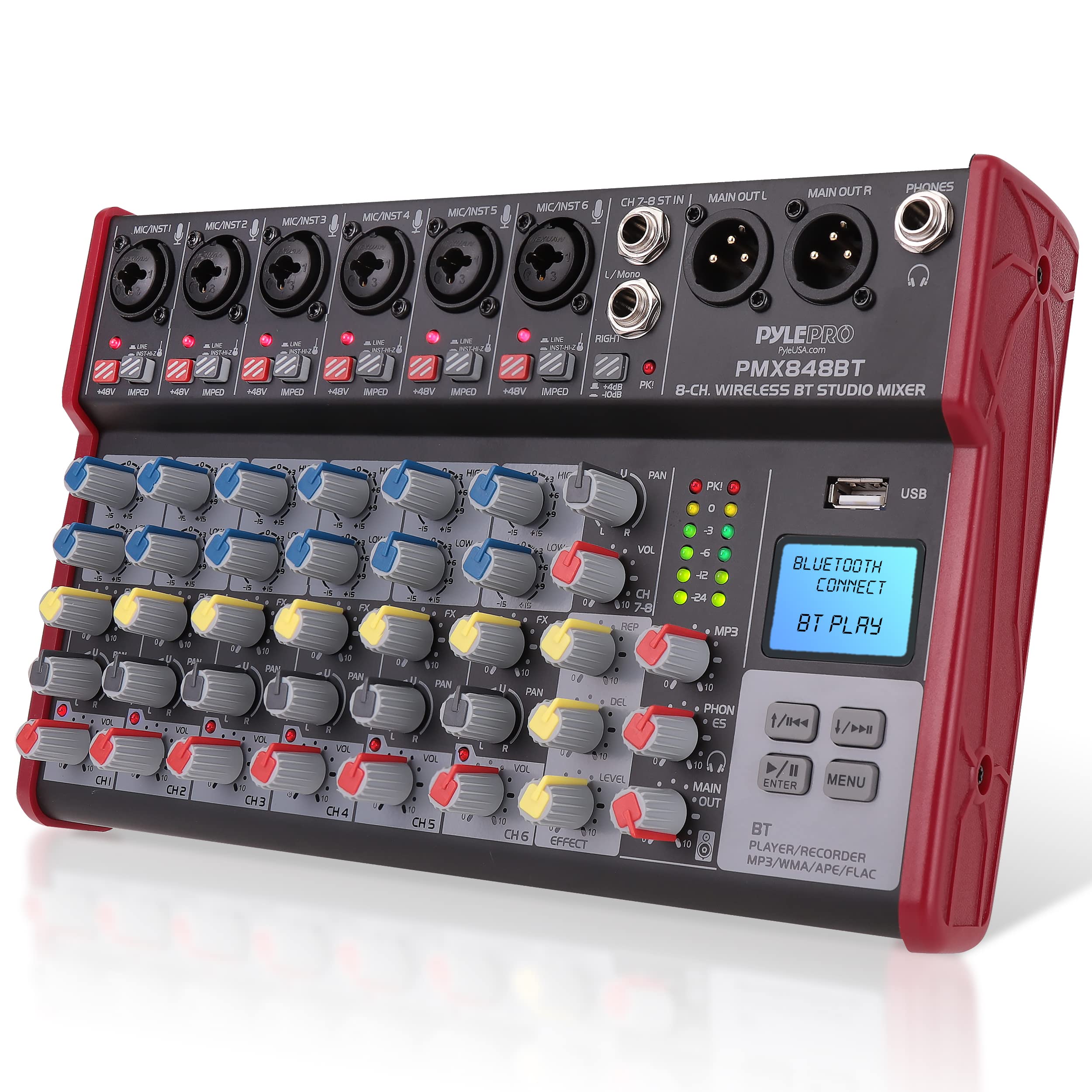 Photo 1 of Pyle Professional Wireless DJ Audio Mixer - 8-Channel Bluetooth Compatible DJ Controller Sound Mixer w/USB Port, 6 Mic/Line Input, ¼” Mono/Stereo Input, Headphone Jack, +48V Phantom Power - PMX848BT