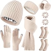 Geyoga 7 Pcs Winter Clothing Cuffed Beanie Hat Long Scarf Touchscreen Gloves Earmuff Socks Scrunchie Hairband for Women Men