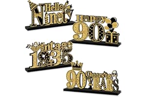 Turypaty 4 Pieces 90th Birthday Decorations Wooden Vintage 1935 Table Party Supplies, Black Gold Cheers to 90 Years Table Centerpieces Sign, Happy 90th Anniversary Bday Hello Ninety Table Decor