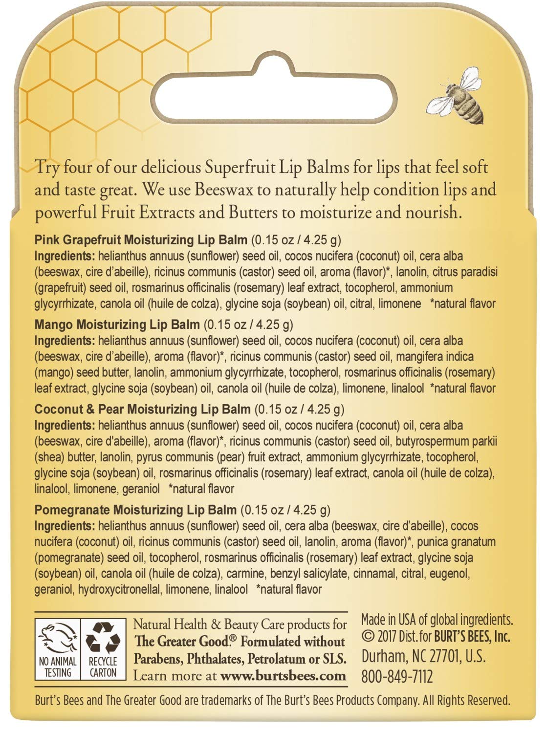Burt's Bees 100% Natural Moisturizing Lip Balm, Superfruit - Pink Grapefruit, Mango, Coconut & Pear, Pomegranate - 4 Tubes : Beauty