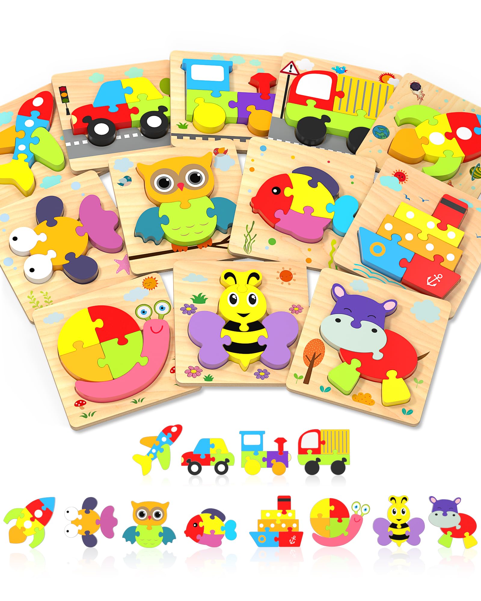 Photo 1 of Yetonamr Wooden Toddler Puzzles Gifts Toys for Boys Girls, 12 Vehicle Shape Montessori Toy Educational Blocks Kids Toys Gift Baby Learning Toy