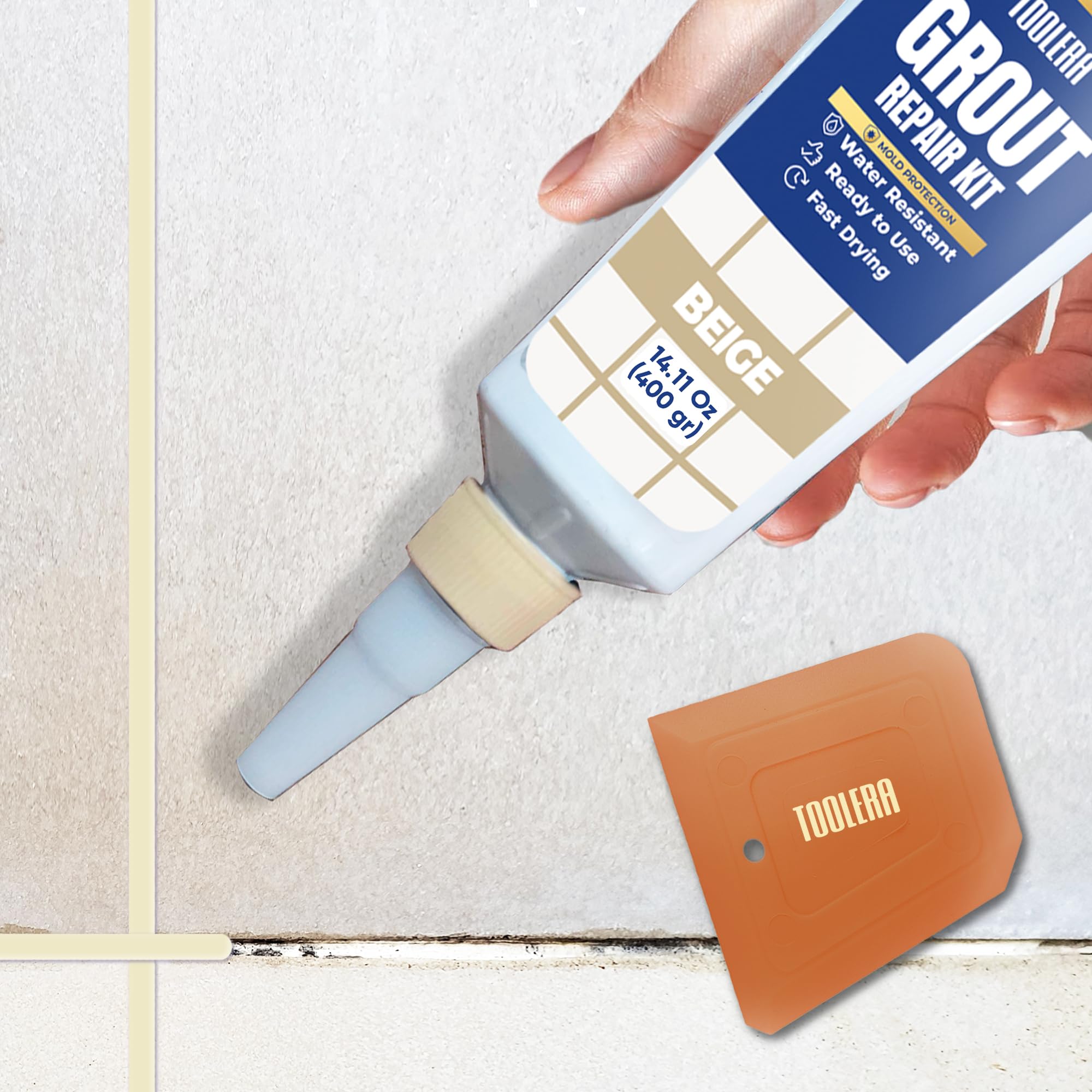Photo 1 of Tile Grout Repair Paste with Spatula (14.11 Oz / 400 gr), Grout Filler, Fast Drying Grout Repair Kit, Odorless Formula, Grout Repair for Bathroom Shower Kitchen Floor Tile (Beige)