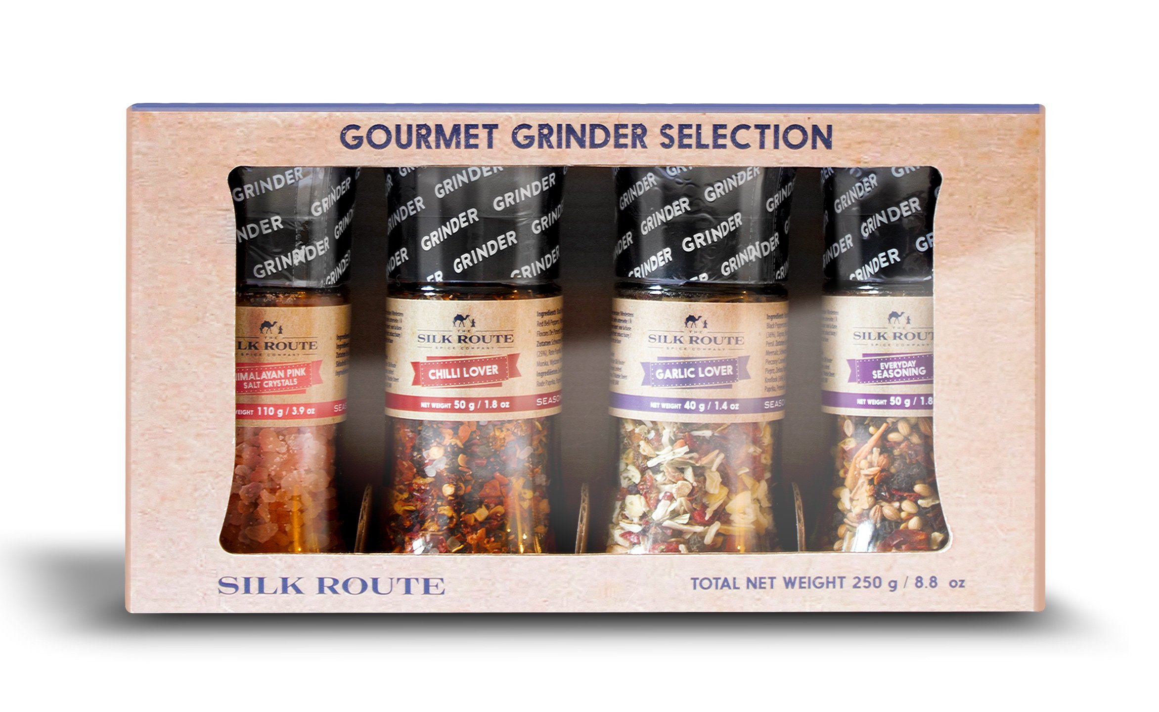 Silk Route Spice Company Gourmet Grinder Gift Set x4 Mini Grinders (Himalayan, Chili Lover, Garlic Lover and Everyday Seasoning)