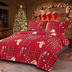 Christmas Quilt Set Twin Size Xmas Red Plaid Santa