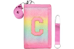 SiorVeol Kids Wallet Girls Trifold Initial Glitter Wallets with Zipper and Card Slots Including Neck Lanyard and Hanging Strap, Rainbow, C