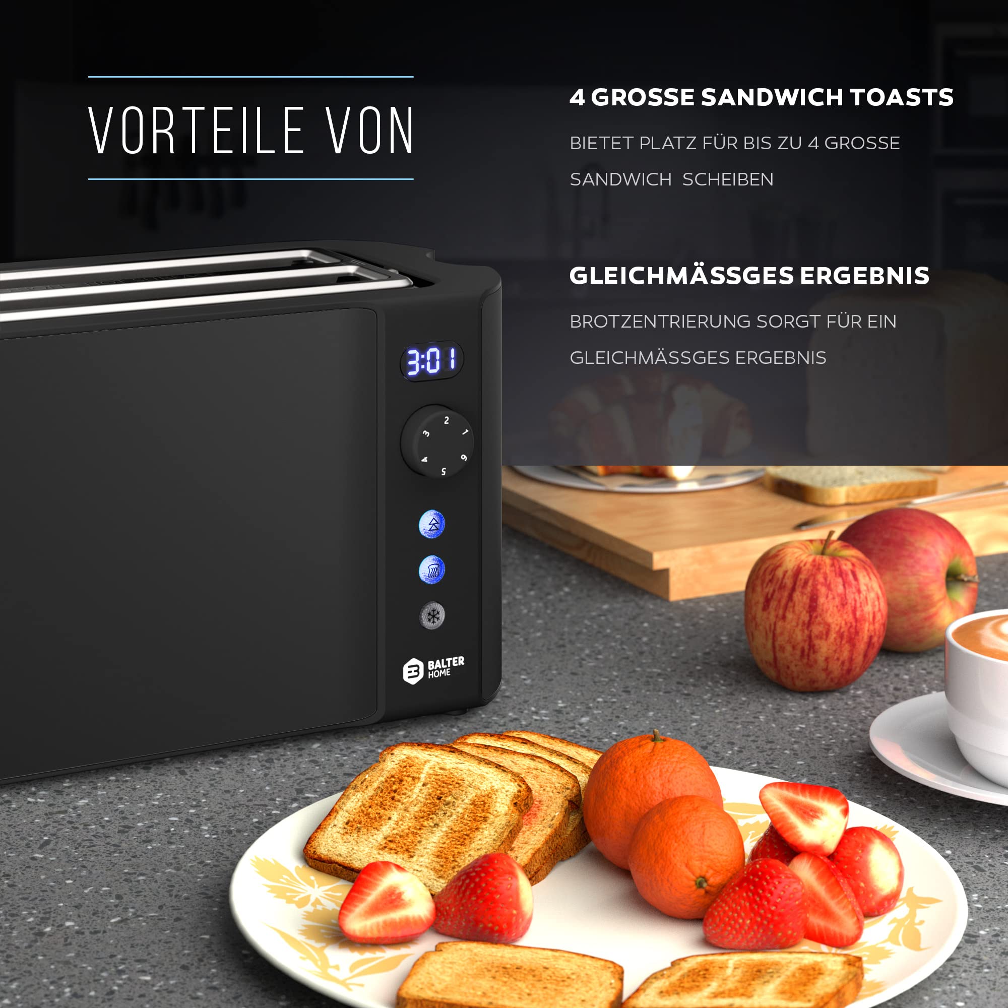 Balter Toaster 4 Scheiben, Langschlitz, Edelstahl, Brötchenaufsatz, LCD Display mit Restzeitanzeige, Auftaufunktion, Brotzentrierung, Krümelschublade, TS-04-LCD, Farbe: Schwarz 6