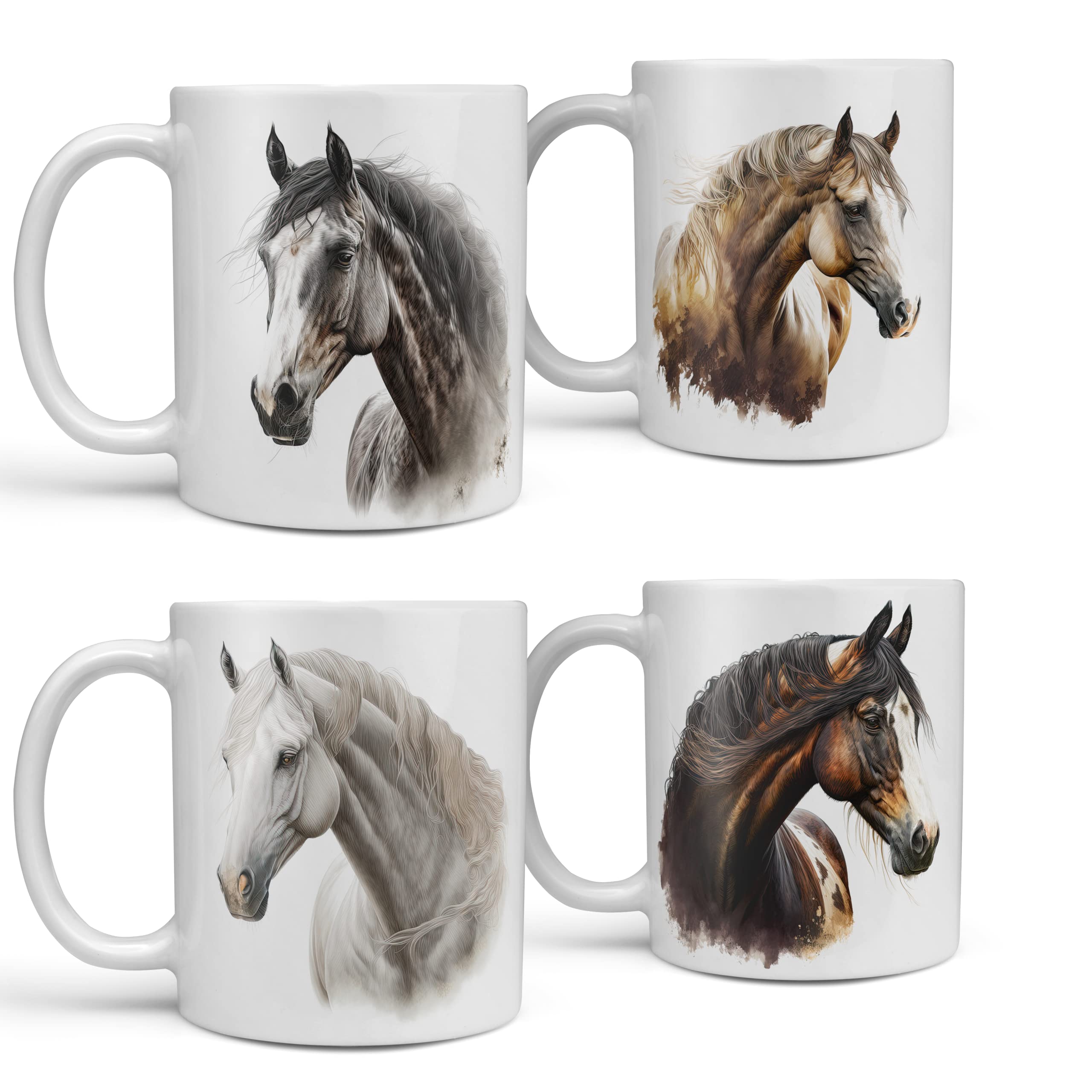 Stunning Set of 4 Horse Equestrian Mugs - Each Perfectly Printed Horse Mug Features Watercolour Art of Different Horses