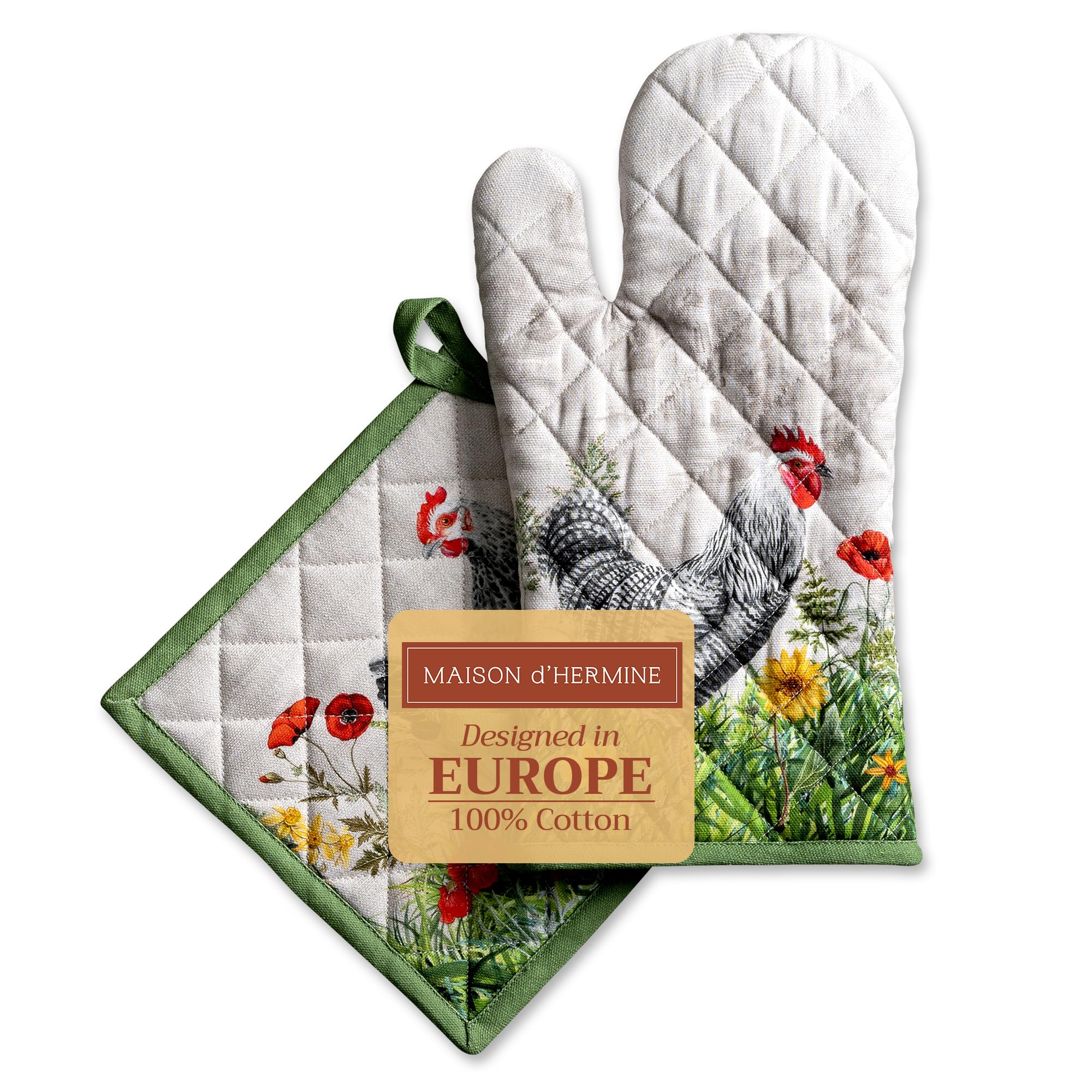 Maison d' Hermine 100% Cotton Oven Mitt & Pot Holder Set (19 x 33 cm & 20 x 20 cm) Heat Resistant BBQ Cooking Gloves with Loop for Baking Handling Hot Pans Gifts for Mothers Day (Basse Cour)