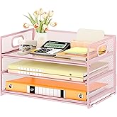 Subekyu 3 Tier Paper Letter Tray Organizer for Desk, Pink Metal Mesh File Folder Sorter Organizer with Handle and 1 PC Sliding Tray for Home Office School Desk Supplies Organization Storage