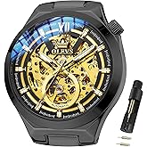 OLEVS Mens Skeleton Watches Automatic Self Winding Mechanical Designer Luxury Dress Stainless Steel Waterproof Original Wrist Watches for Men