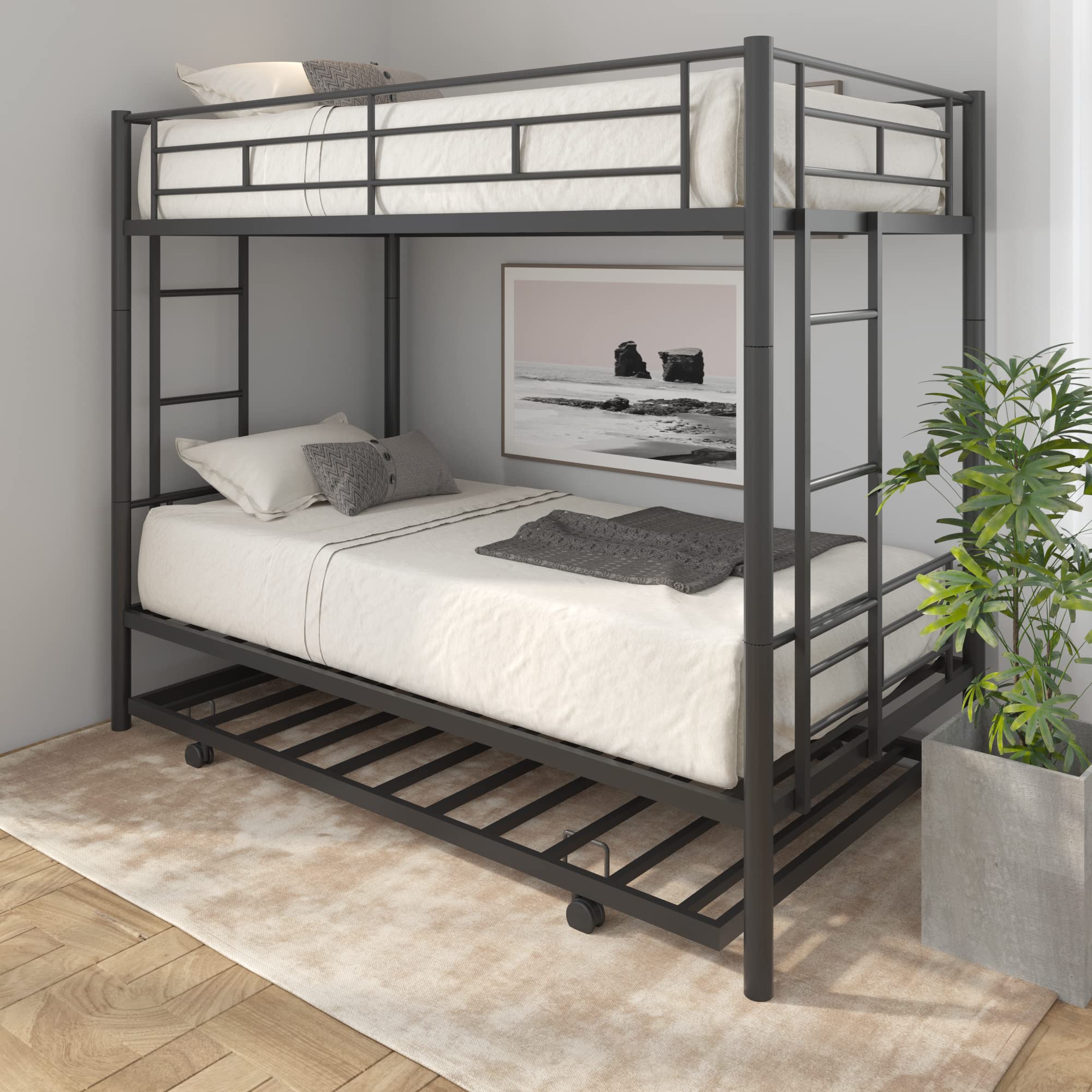 HomJoones Metal Bunk Bed with Trundle,Twin Over Twin Bunk Bed Frame with  Ladder and Safety Rails for Triple Me
