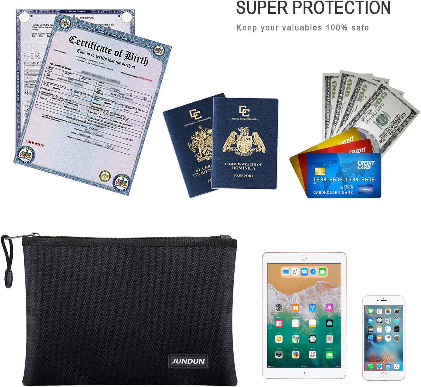 JUNDUN Fireproof Document Bags,13.4”x 9.4”Waterproof and Fireproof Money Bag,Fireproof Safe Storage Pouch with Zipper for A4 Document Holder,File,Cash and Tablet: Office Products