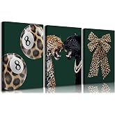 3pcs Trendy Leopard Canvas Wall Art Funky Lucky 8 Ball Pictures Wall Decor Cheetah Bows Preppy Aesthetic Posters Prints Paintings for Bedroom Dorm Living Bathroom Decoration Prepare To Hang