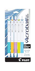 Pilot Acroball PureWhite Retractable Advanced Ink Ball Point Pens; Fine Point, Black Ink, Turquoise/Orange/Purple/Lime/Blue Accents, 5-Pack (31861) Ultra-Smooth Writing, Smear-Resistant Advanced Ink