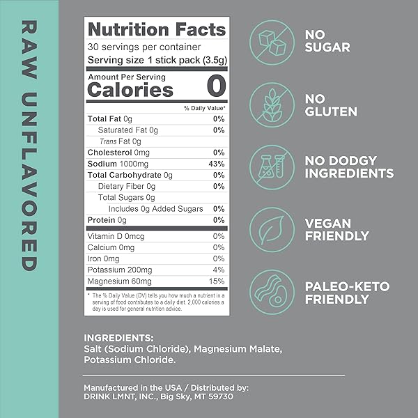 LMNT ZERO SUGAR ELECTROLYTES – RAW UNFLAVORED SALT | DRINK MIX | 30-COUNT