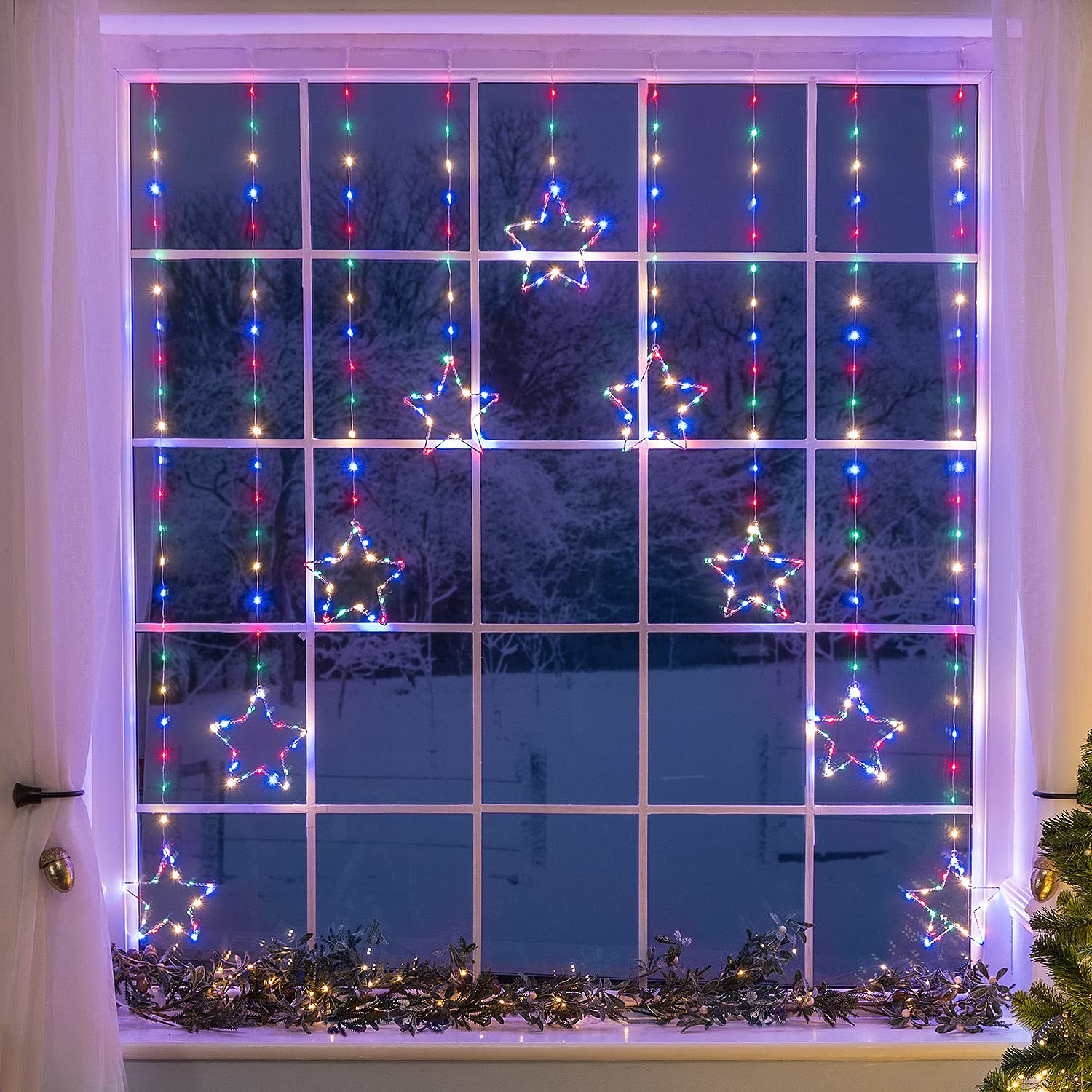 CHRISTOW Christmas Curtain Lights for Windows, 9 Star String Light Decoration, 325 Multi Coloured Micro LEDs, Indoor Outdoor Home Garden Xmas Lighting, Mains Powered with 5m Cable (H1.2m x W1.2m)