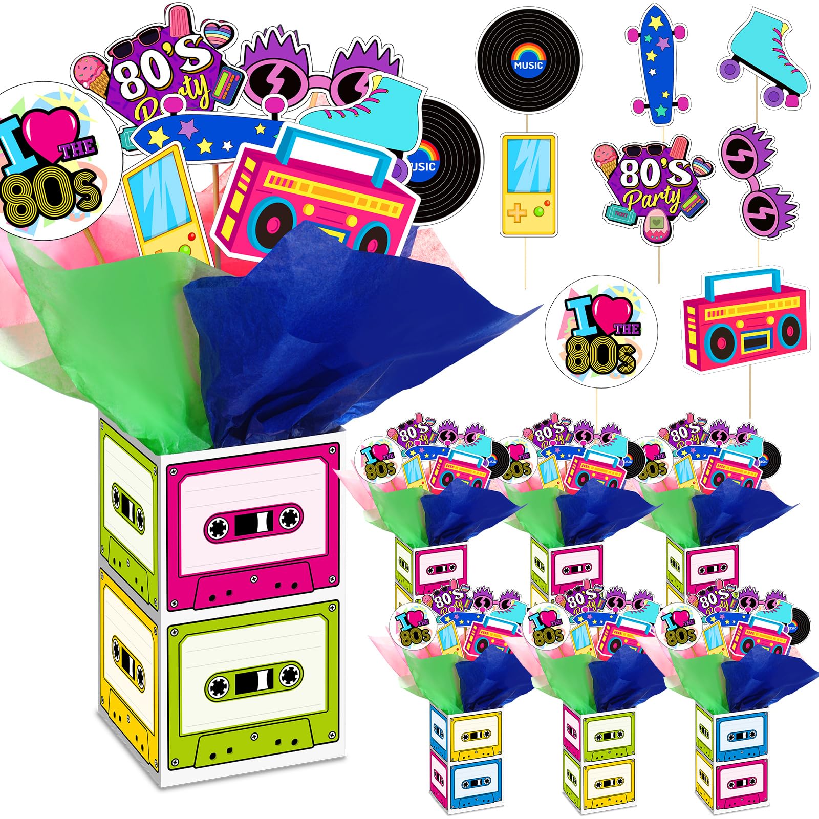 Photo 1 of Weekgrat 6 Sets 80's Retro Party Decorations 80's Centerpieces Retro Hip Hop Table Toppers with Cassette Tape Box 1980's Cutouts and Sticks for Shower Party Birthday Decor