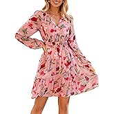 Simplee Womens Spring Floral Mini Dress Long Sleeve Boho Chiffon Short Dress Casual Flowy Fall Wedding Guest Dresses