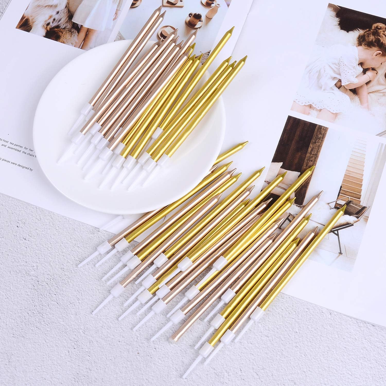 24 Count Party Long Thin Cake Candles Metallic Birthday Candles in Holders for Birthday Cakes Cupcake , Champagne Gold: Home Improvement