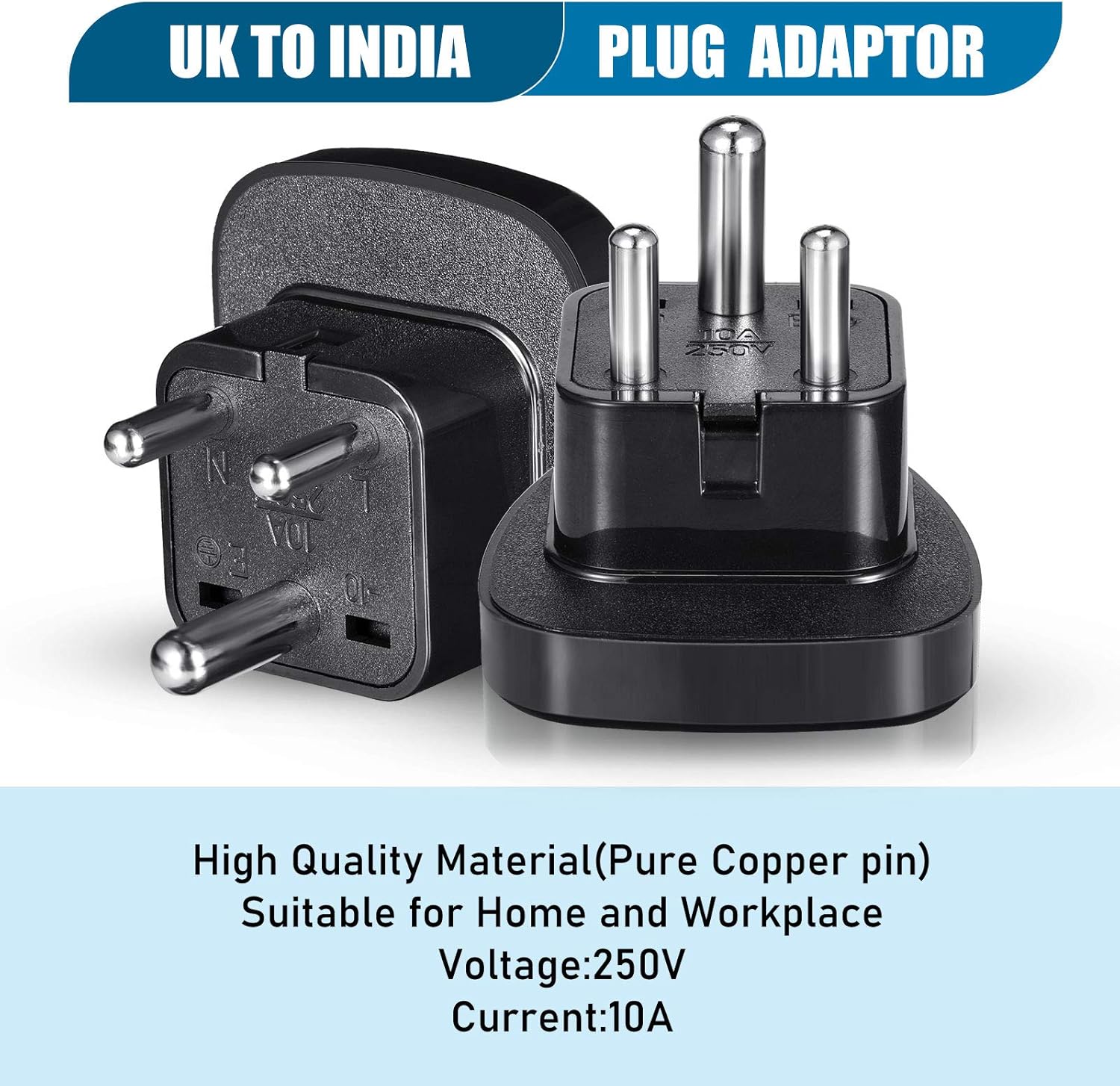 4 Pieces UK to India Travel Adapter Black 3 Pin Prong Travel Plugs