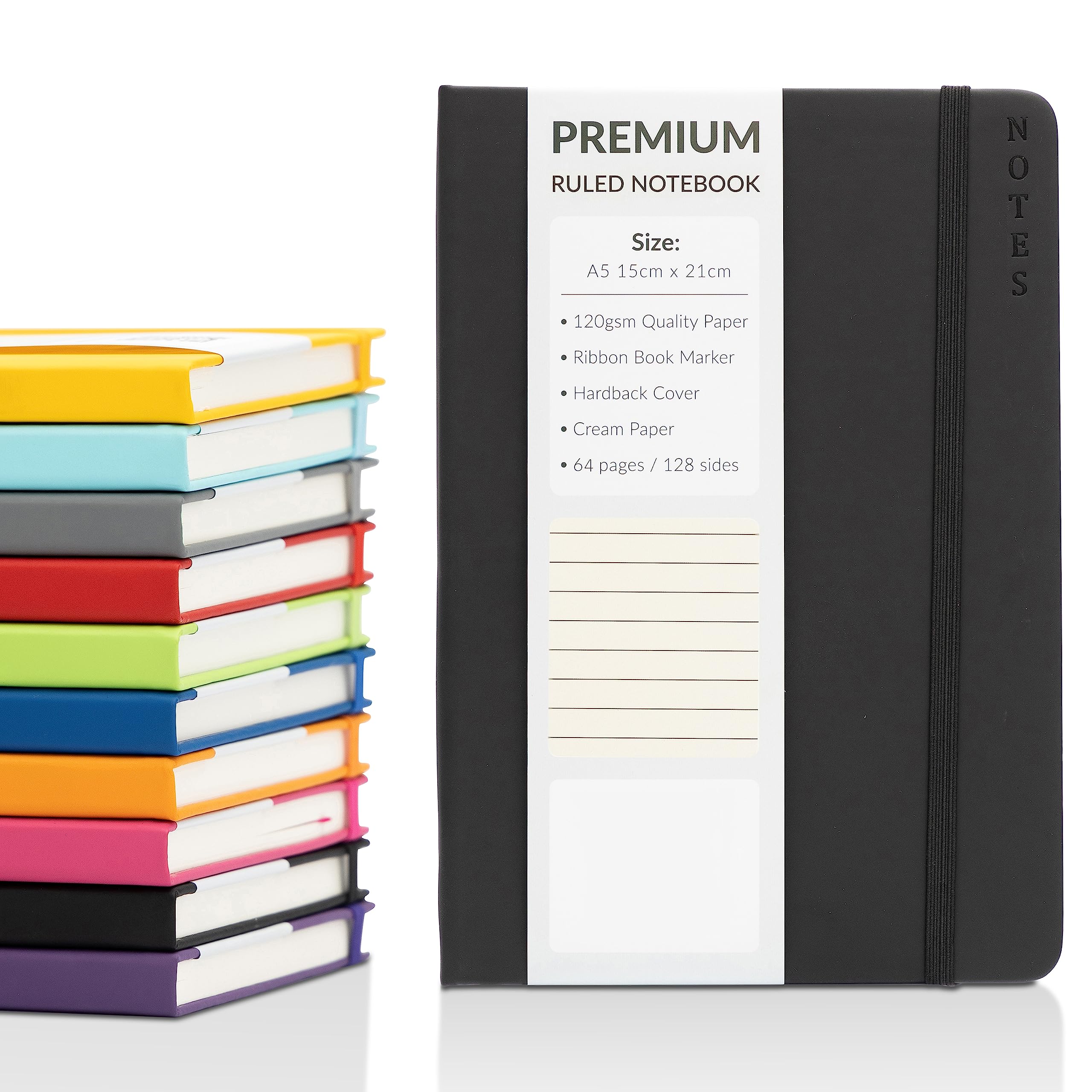 evelay A5 Notebook Ruled Lined Journal with Faux Leather Hardback Cover and Premium 120gsm Thick Paper (128 Cream Pages, Black)