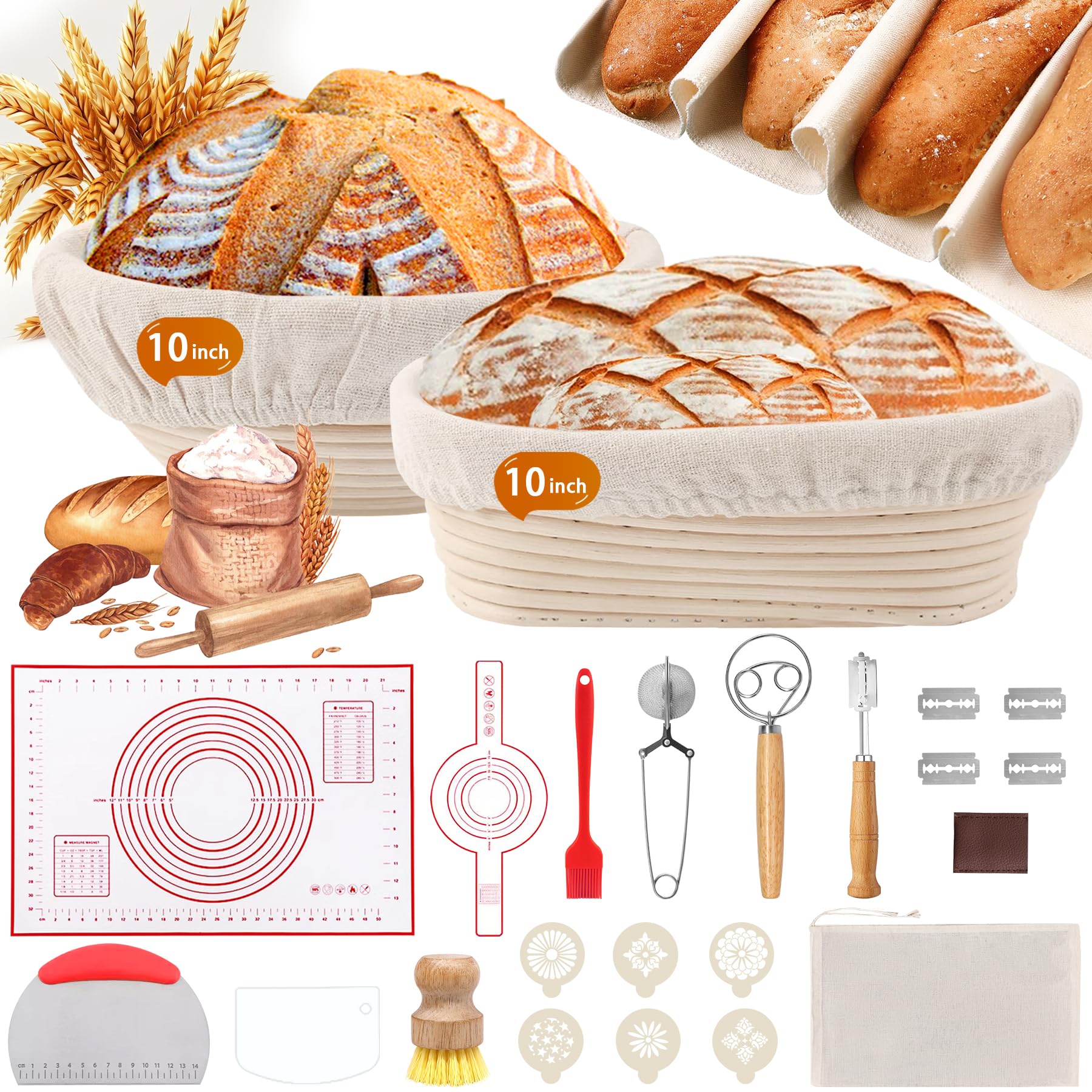 Photo 1 of PeacePeo Sourdough Bread Baking Supplies, Sourdough Starter Kit for Bread Making Includes 10" Round & Oval Banneton Bread Proofing Basket with Liners Sourdough Kit for Making Baking Fermentation