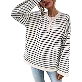 SHENHE Women's Oversized Striped Sweaters Long Bell Sleeve Buttons Up Ribbed Knit Henley Tops Winter Sweater