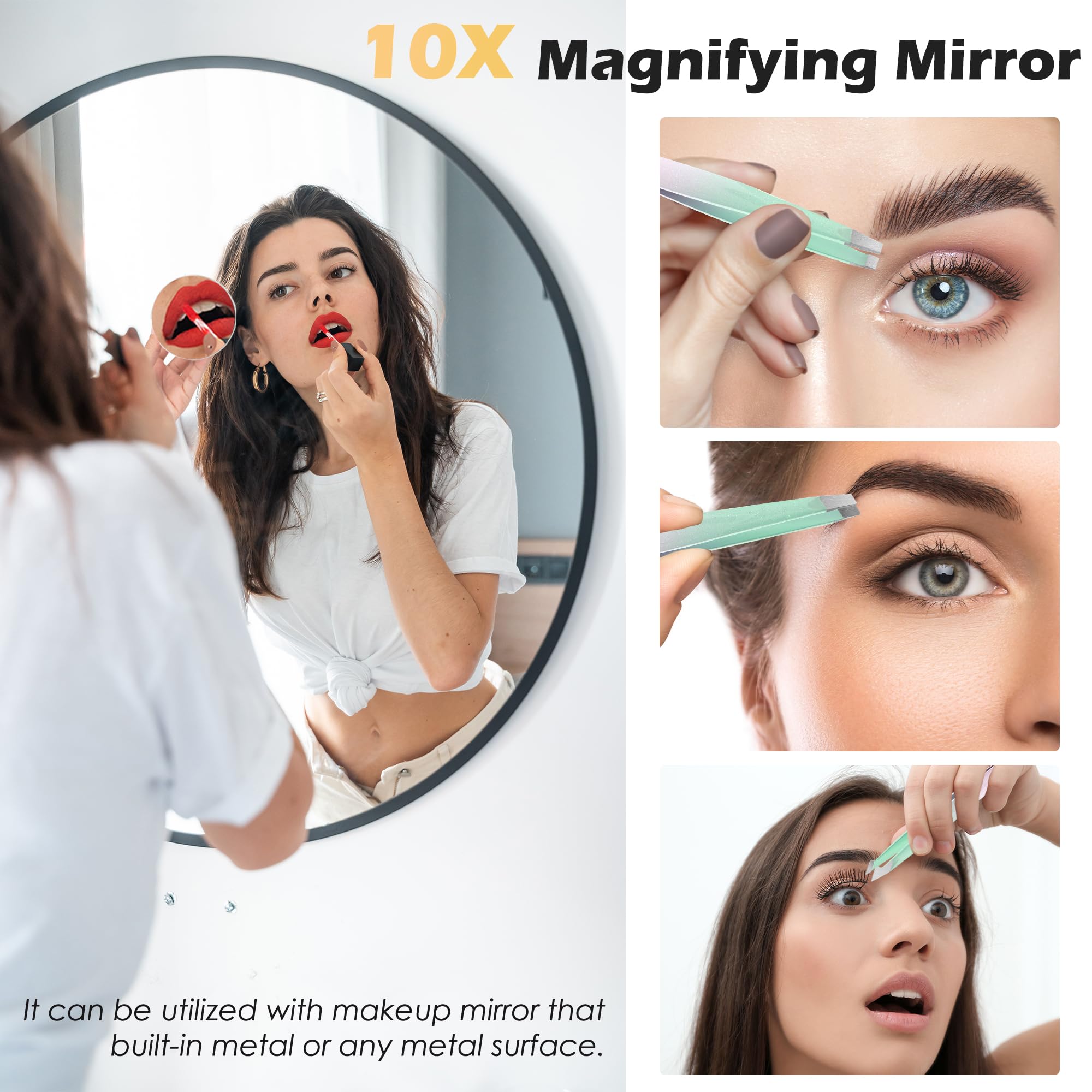 WangSelect Tweezers and 10X Magnifying Mirror Kit with Travel Leather Case, Eyebrow Tweezer Set for Women & Men, Great Precision for Facial Hair, Splinter and Ingrown Hair Removal - Starry Green