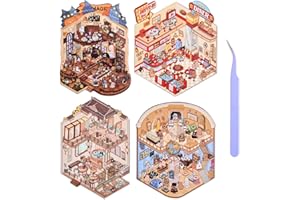 VYRANA Girls 3D Miniature Scene Stickers, 4 Sets World Travel DIY House Stickers for Museun, Hotel, Magic House, Drive-In Restaurant, Cute 3D Cartoon Sticker Scenes for Adult Kids Relief Stress Pass The Time