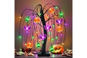 MOSOAN Halloween Table Decor 18 Inch 36 LED Halloween Willow Tree with Pumpkin Bat Spider Lights, Timer/USB/Battery Operated Black Halloween Tree Spooky Halloween Decorations Indoor for Home Party Room Gifts