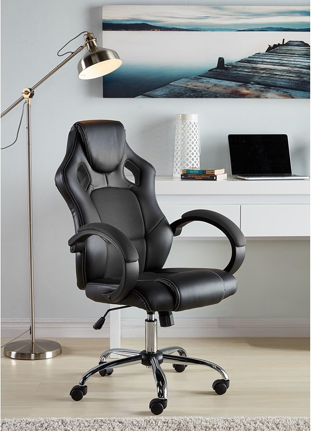 IDS Online Executive Racing Office Chair High-back Mesh Bucket Seat Sit-to-Move Wheel Casters, Black
