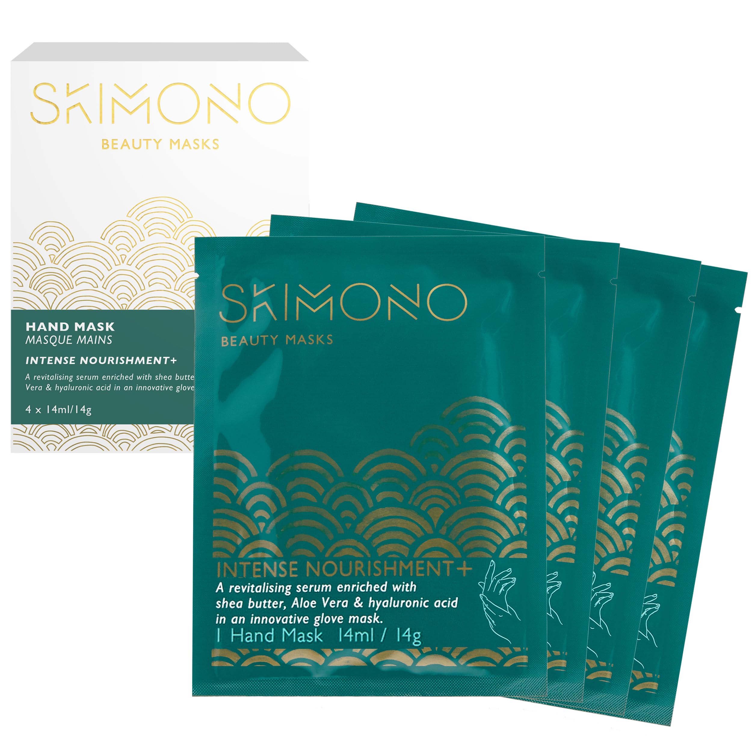 Skimono Hydrating Hand Mask Gloves for Dry Hands Repair (4 Pairs) - Moisturising Hand Treatment Gloves with Shea Butter, Collagen, Aloe Vera & Hyaluronic Acid - Spa Gloves for Soft, Smooth Skin